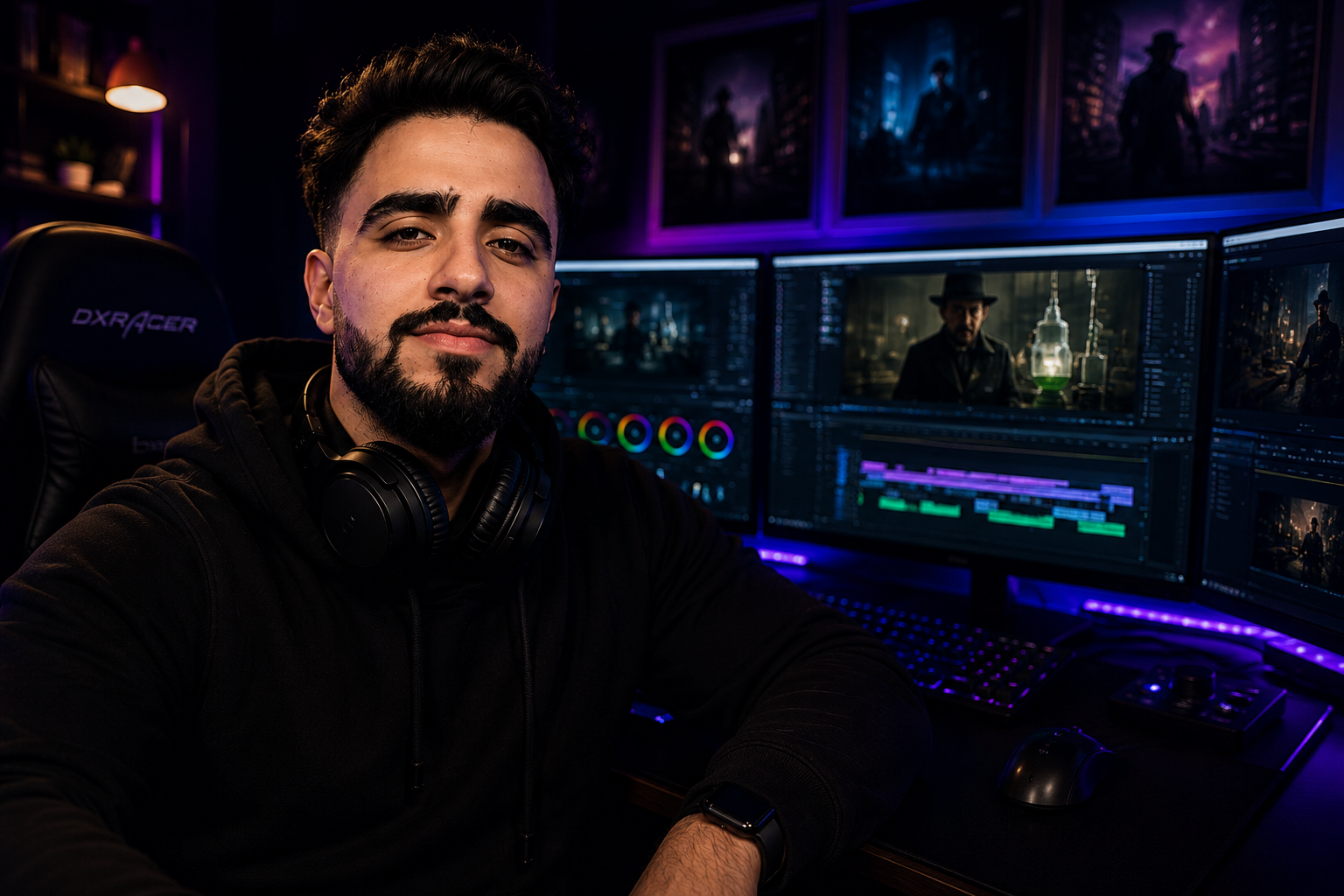 Portrait of the video editor at his cinematic editing studio